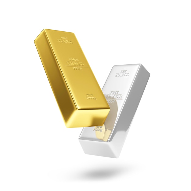 Floating Golden and Silver Bars on white background