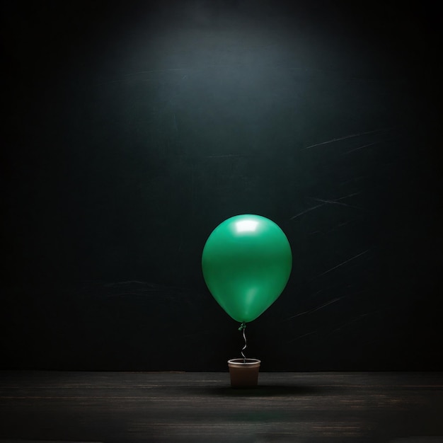 Плавающий зеленый воздушный шар в центре черного темного доски на заднем плане