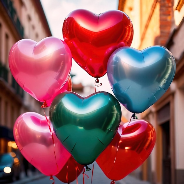 Floating heart shaped balloons to celebrate romance love and Valentines day