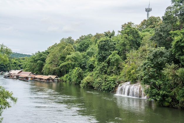 floating house in river Kwai  Sai Yok Yai waterfall Kanchanaburi of Thailand