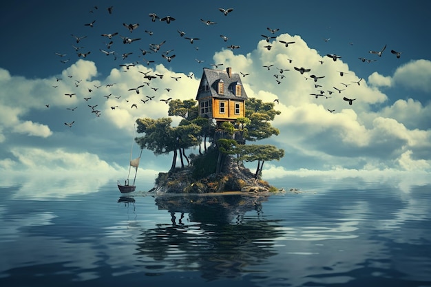 Foto casa galleggiante e albero