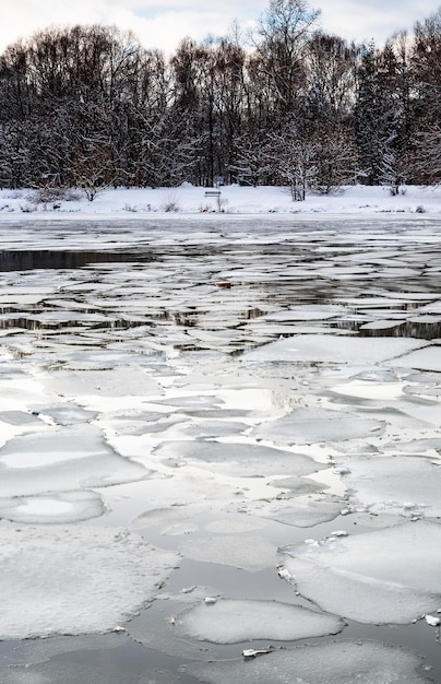 Floating ice blocks on surface of river