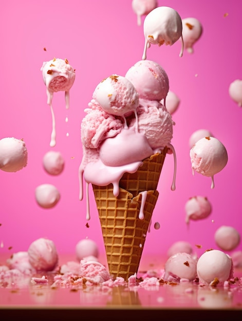 Floating ice cream in a waffle cone on a pink background AI generation