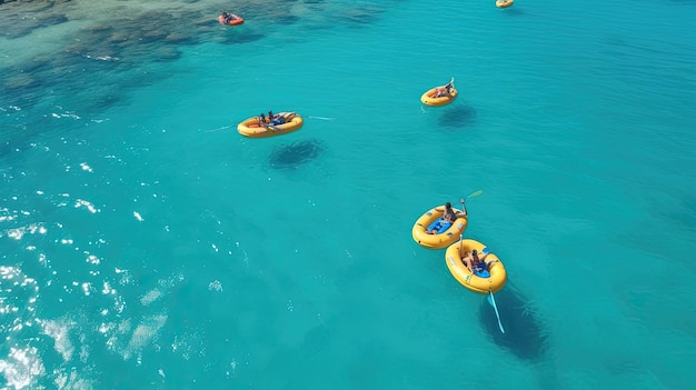 Плавание на надувных плотах в чистом голубом океане, когда люди наслаждаются теплом солнца и мягким качанием волн, сгенерированных ИИ.