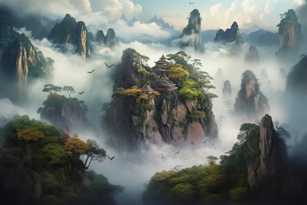 Floating island above the clouds landscape illustration generate ai