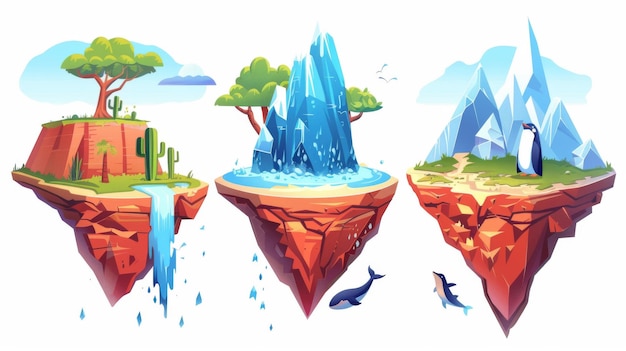 A floating island platform for game UI design Cartoon fantasy flying land pieces with forest and waterfall sand desert with rock cliffs and cacti northern landscape with an iceberg penguin and