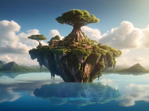 Photo floating island with greenery and beautiful landscape scenery fantasy scenery with floating island