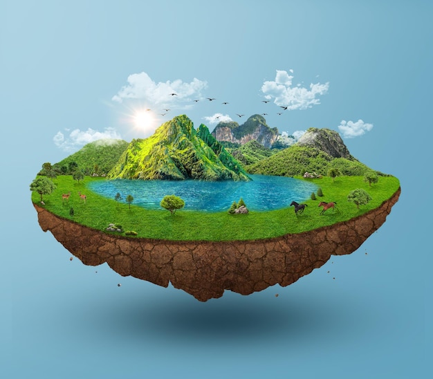 A floating island with a mountain and a lake in the middle.