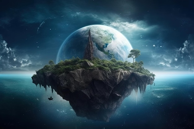 A floating island with a planet in the background