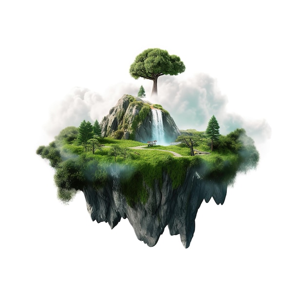 A floating island with a tree on it and a waterfall in the background.