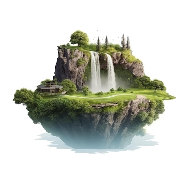 A floating island with a waterfall and a house on it.