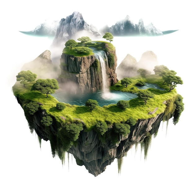 A floating island with a waterfall and mountains in the background.