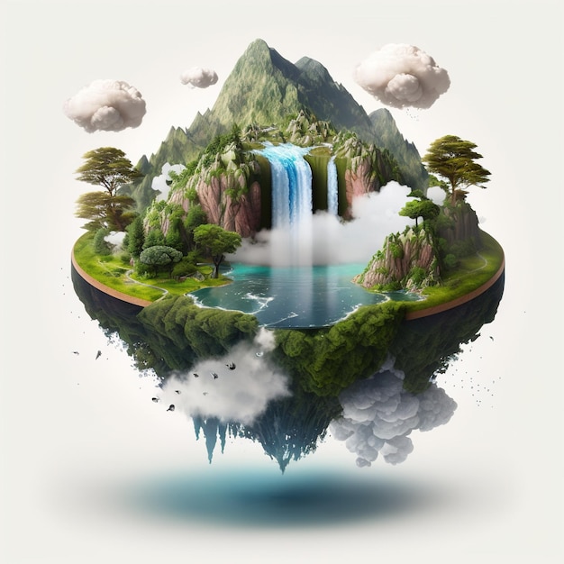 Floating island with waterfalls and clouds, Flying Fantasy land with blue water. Generative Ai.