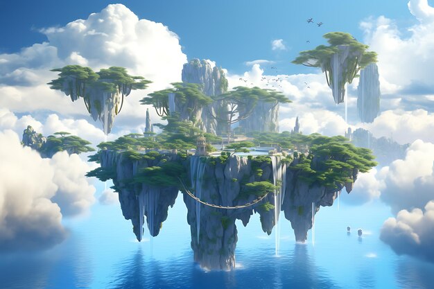 Photo floating island with waterfalls surreal vegetation and unique land