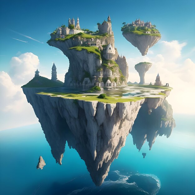 Floating islands concept with surreal gravity defying architecture illustration image ai generate