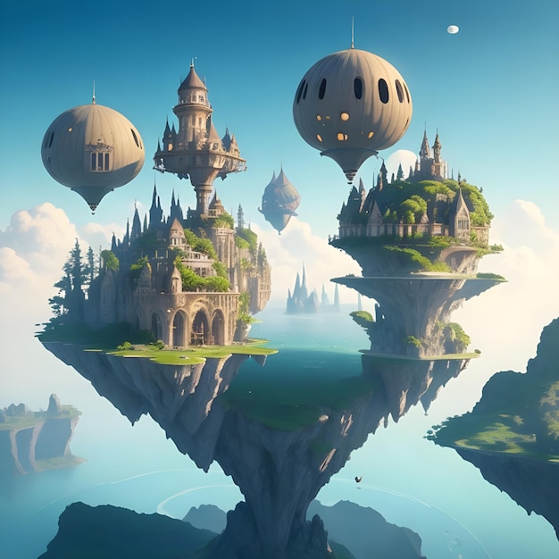 Floating islands concept with Surreal gravity defying architecture illustration image AI Generate