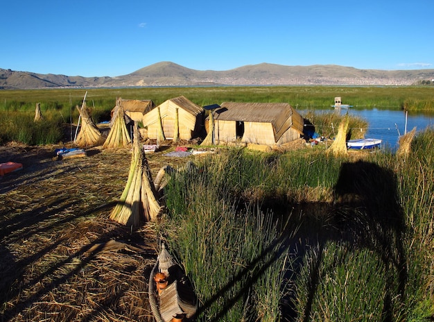 Floating islands Uros on Lake Titicaca in Andes Peru and Bolivia