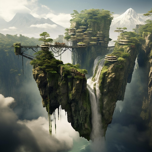 Floating islands with gravity defying waterfalls