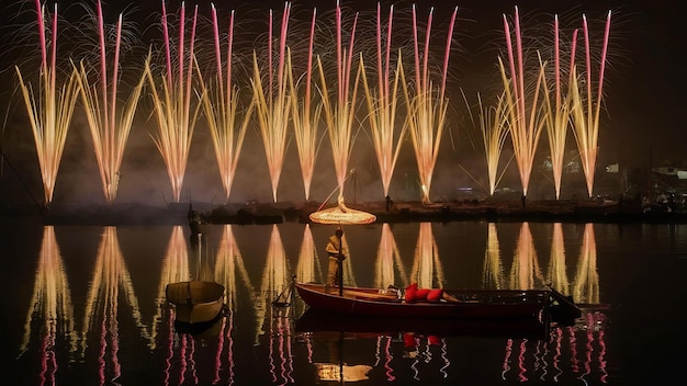 Photo floating lamp in yee peng festival on loy krathong day firework festival