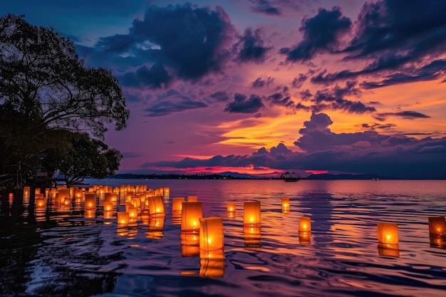 Floating lanterns at dusk serene beauty photography