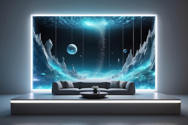 Floating magnetic liquid display lounge mockup