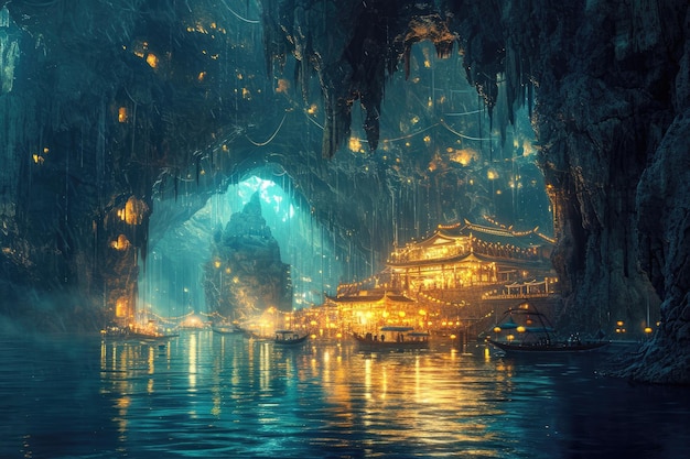 Floating Market in a Glowing Cavern