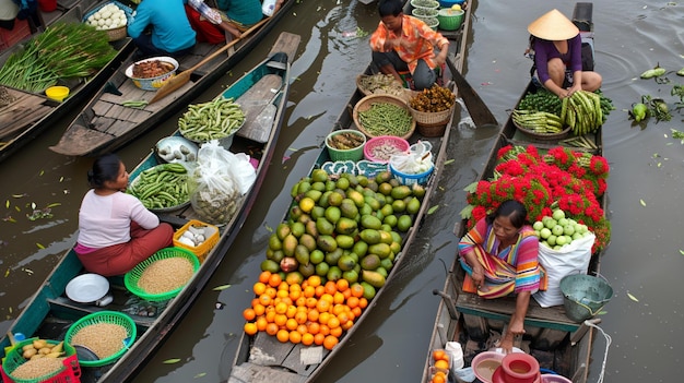 Плавучий рынок в Индонезии, продающий органические продукты, фрукты и свежие овощи