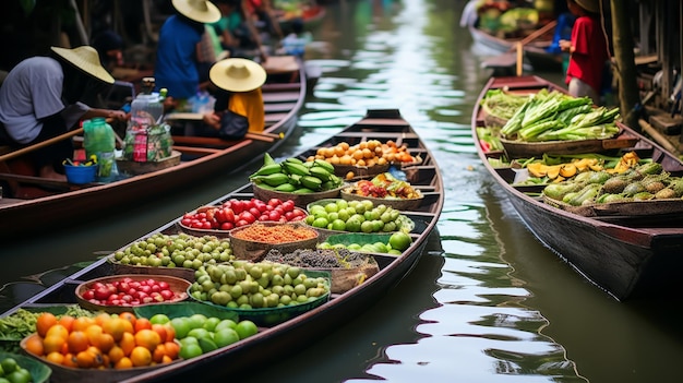 Photo floating market in thailand with boats full of fresh fruits and vegetables