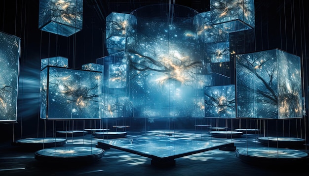 Floating media screens that project images a combination of technological and ethereal elements