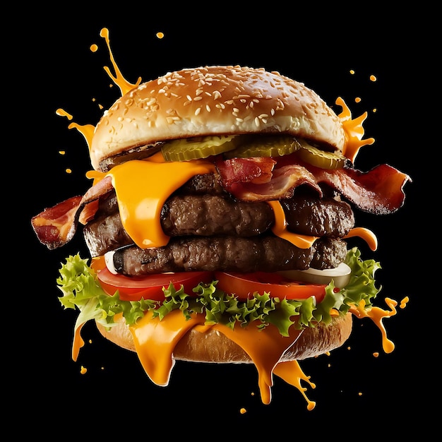 Photo floating melted cheese splashing burger featuring layers of premium beef on a clean black background