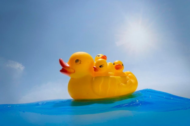 A floating mother of rubber ducks with three young children