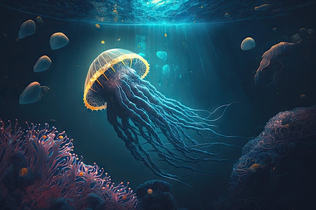 생성 인공 지능으로 만든 공간에서 바다 상상의 아름다운 환상적인 해파리에 떠 있습니다.