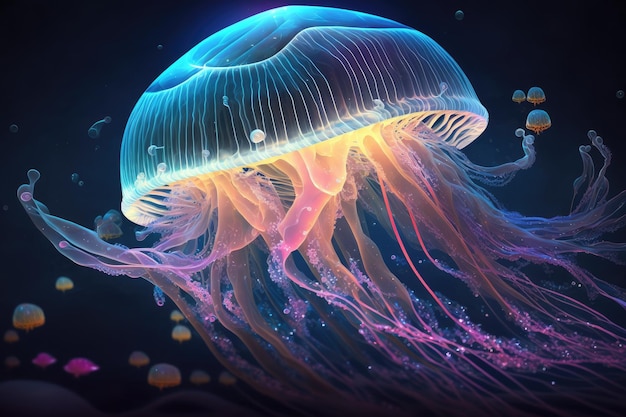 ジェネレーティブ AI で作成された空間で海に浮かぶ想像上の美しい幻想的なクラゲ