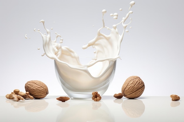 흰 우유에 둘러싸인 떠있는 개폐 호두 건강 식품 Generative Ai