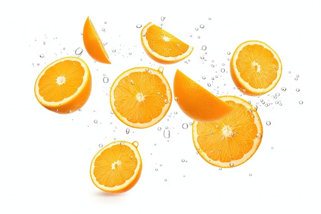 フローティング オレンジ クリッピング パスと白い背景に一人で落ちるスライスしたオレンジ フルーツ