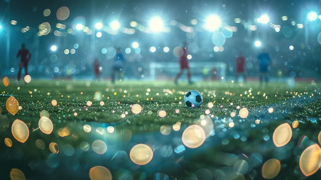 Photo floating orbs of stadium lights create a dreamy defocused atmosphere as players battle for