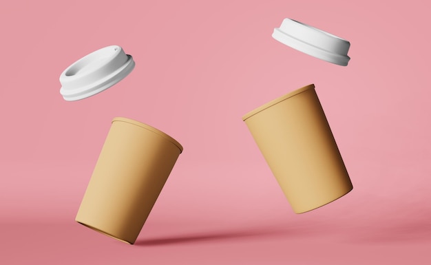 Floating paper coffee cups lids flying 3D rendering pink Coffee shop beverages discount demonstration branding template