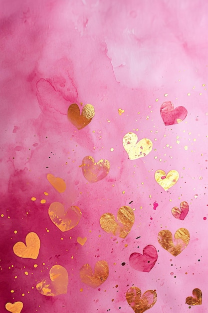 写真 柔らかいピンクの背景に浮かぶピンクと金のハート 愛をテーマにしたイベント バレンタインの誕生日祝い