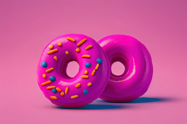 Floating Pink Delicious donuts with icing on bright background Generative Ai