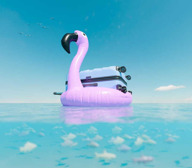 海でスーツケースを持って浮かぶピンクのフラミンゴ