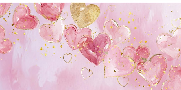 Floating Pink and Gold Hearts on a Soft Pink Backdrop watercolor style for Love Themed Events Valentines Birthday Greetings