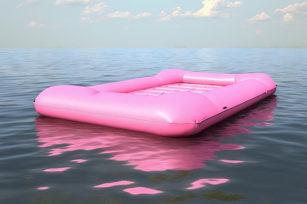 Floating pink inflatable mattress over water