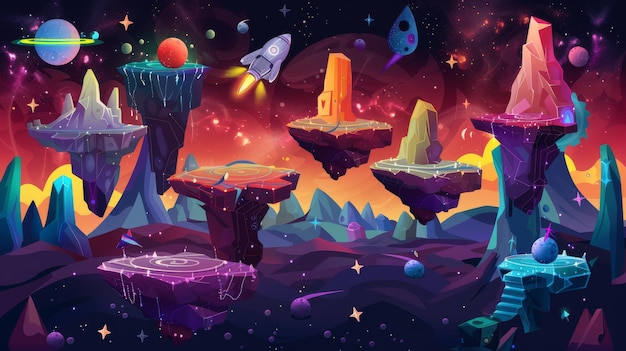 우주 여행 게임에서 떠다니는 플랫폼 은하계 풍경을 묘사하는 현대 그래픽 외계인 우주선은 평평한 돌, 지도의 별과 잠금, 밤 하늘의 소행성 사이에 여행합니다.