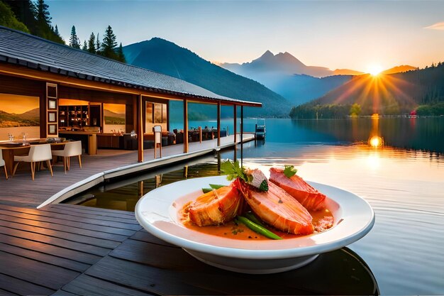 A floating restaurant on a tranquil lake