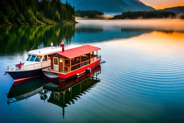 a floating restaurant on a tranquil lake