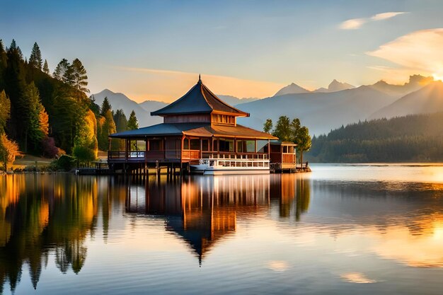 a floating restaurant on a tranquil lake