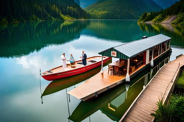 Photo a floating restaurant on a tranquil lake