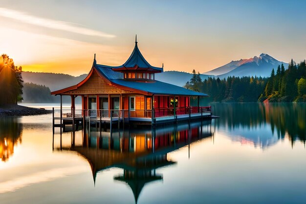 a floating restaurant on a tranquil lake