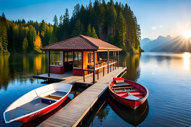 A floating restaurant on a tranquil lake