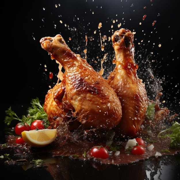 Floating roasted chicken with splashing sauce on dark background